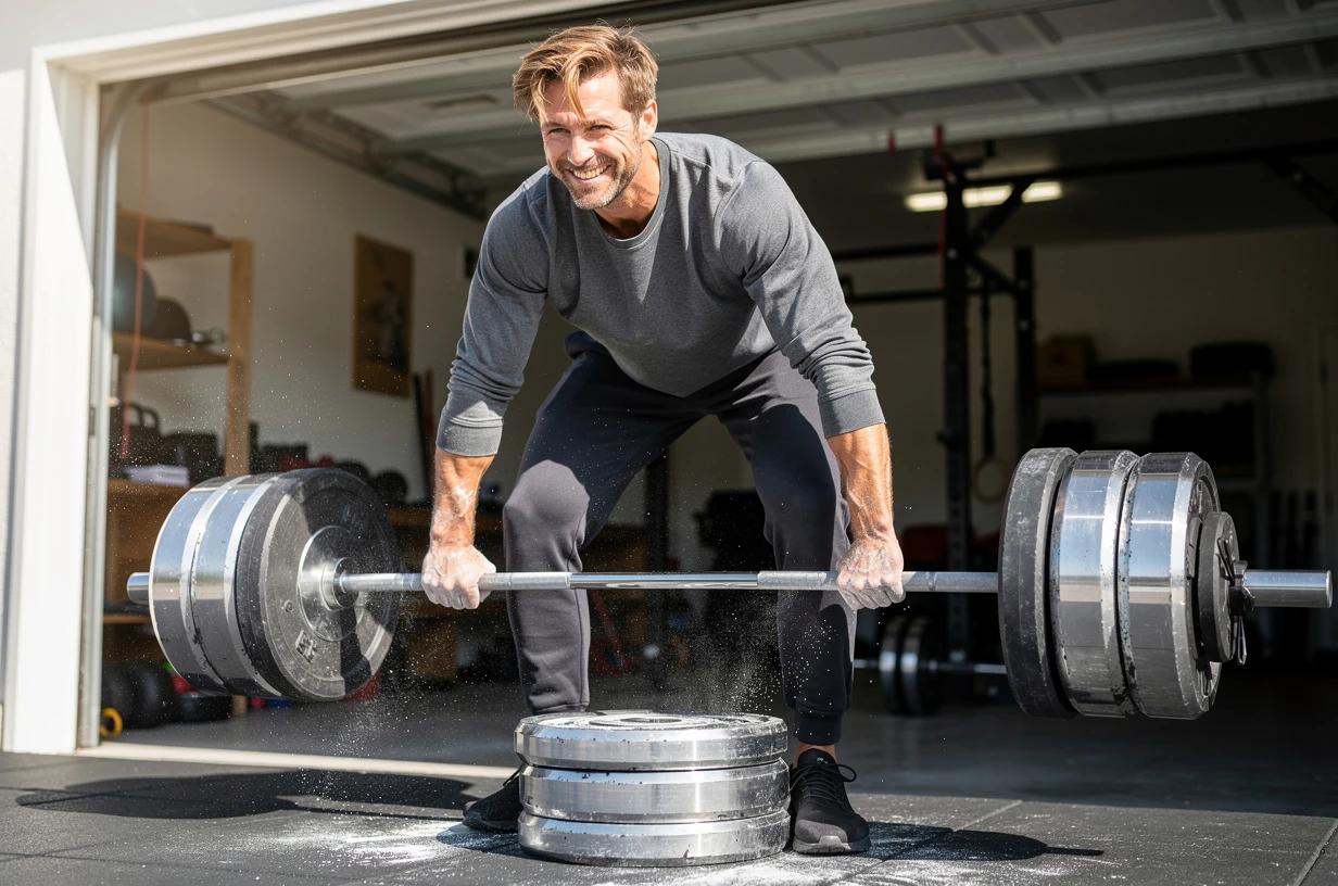 A energetic man around forty years old loads a loaded barbell for a deadlift inside a sunlit garage gym, chalk on his hands and a wide grin on his face.