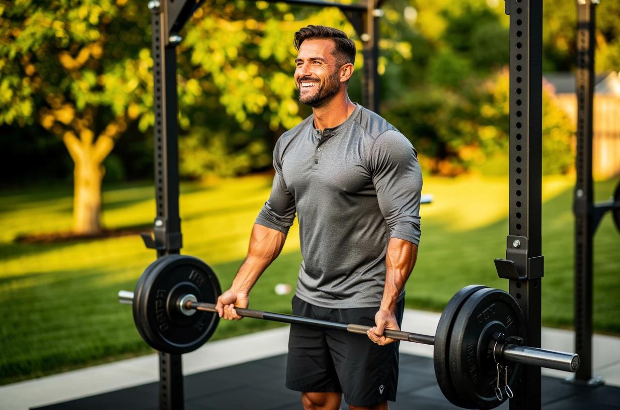 A happy man in his mid-40s grins while loading a barbell at an outdoor strength training setup in a sunny backyard, sleeves rolled up and clearly in his element.
