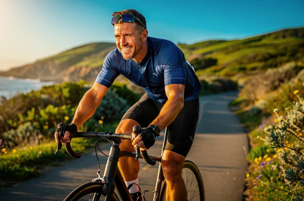 A fit man in his mid-30s cycles hard along a sun-drenched coastal trail, smiling broadly as he rounds a curve with green hills in the background.