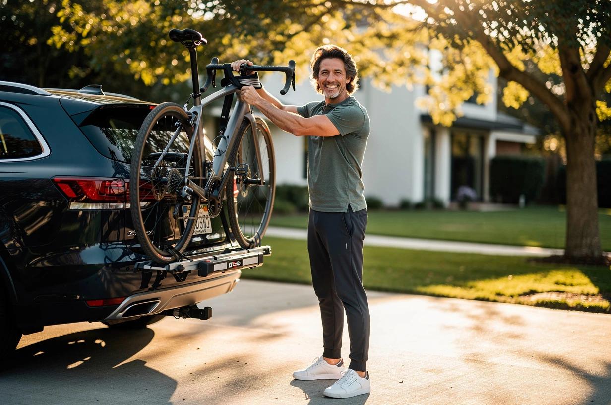 A cheerful man in his early 40s loads a road bike onto a car rack in a sunny driveway, grinning as he snaps the last strap into place.