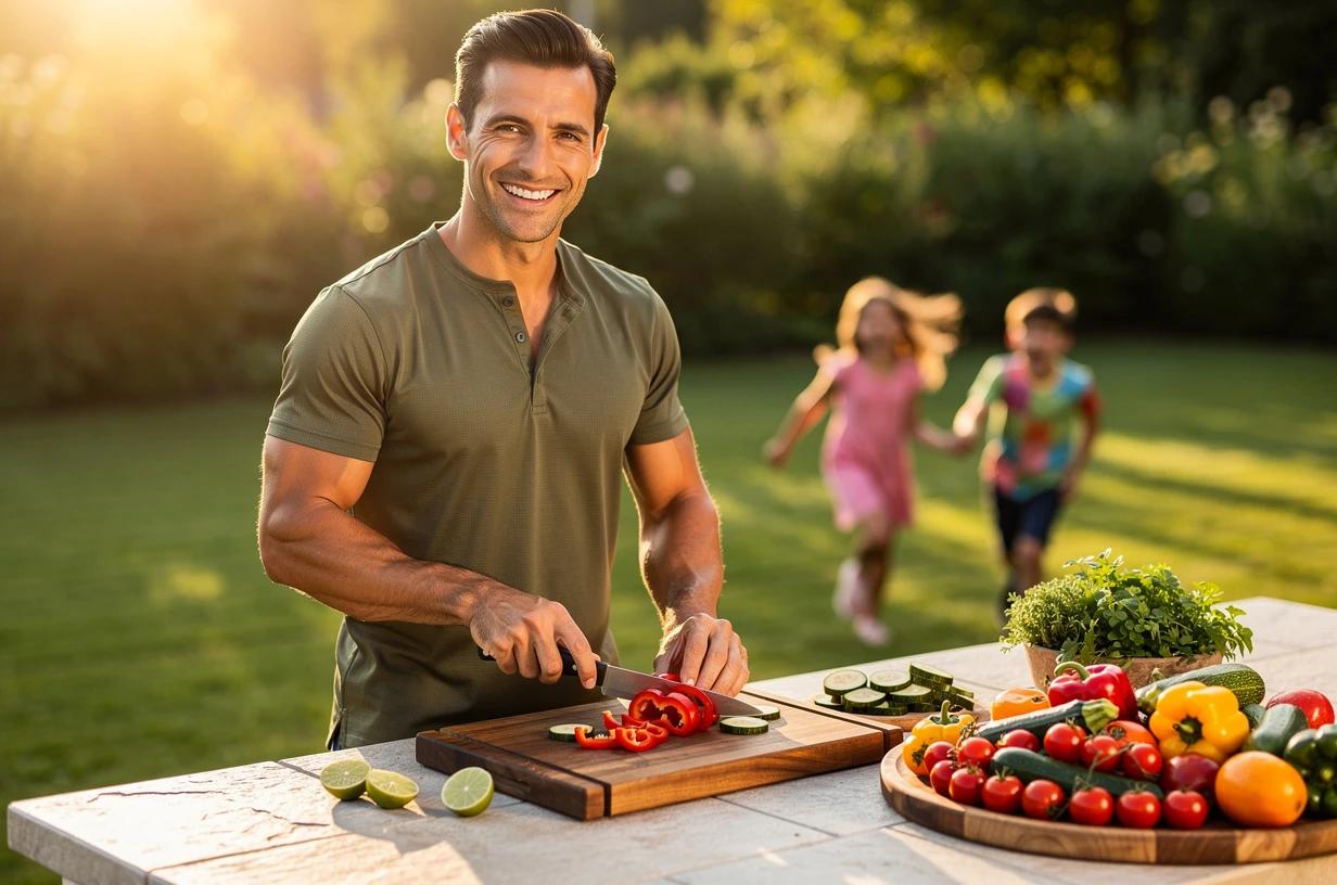 A cheerful man in his mid-30s chops colorful vegetables at an outdoor kitchen counter while his kids play in the yard behind him.