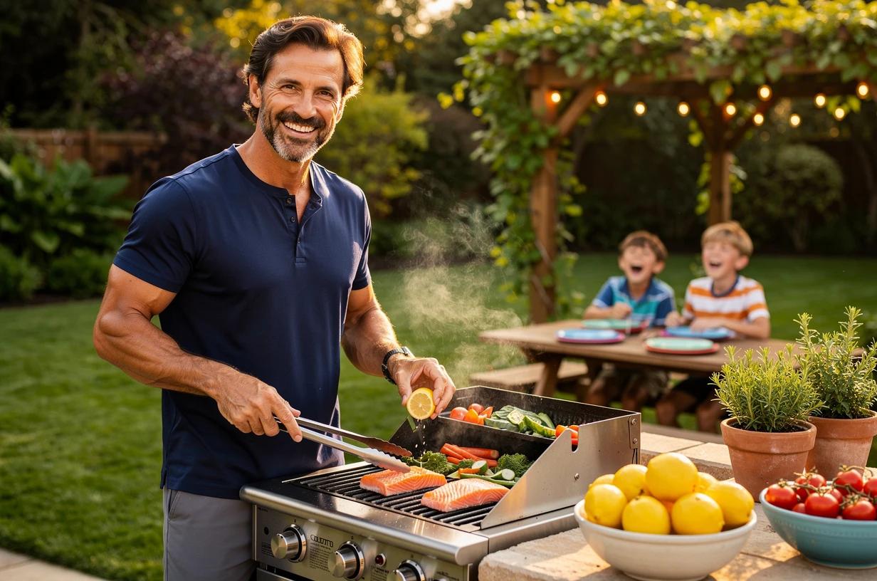 A man in his early forties grills salmon on an outdoor gas grill in a sunny backyard, smiling as he squeezes lemon over the fish while his kids set the picnic table behind him.