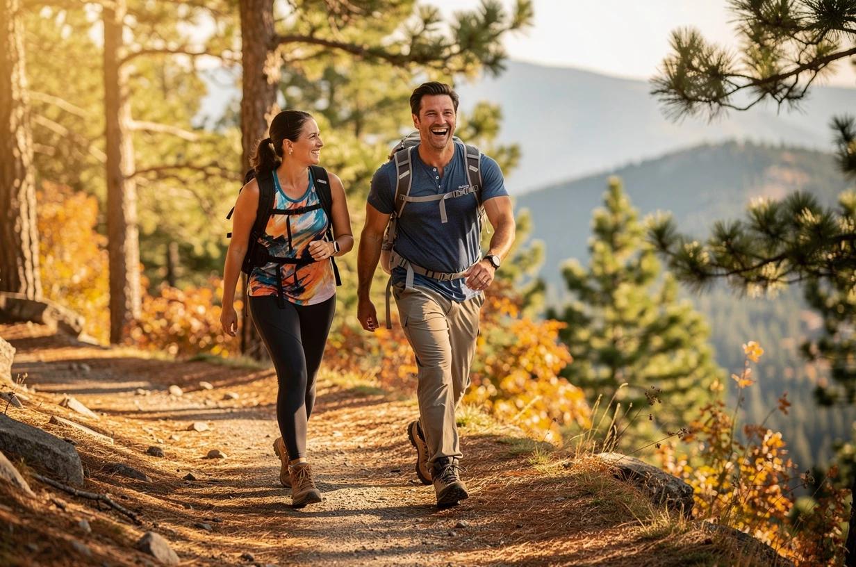 A cheerful man in his early 40s hiking a sunny mountain trail with his wife, both carrying light packs and laughing mid-stride.