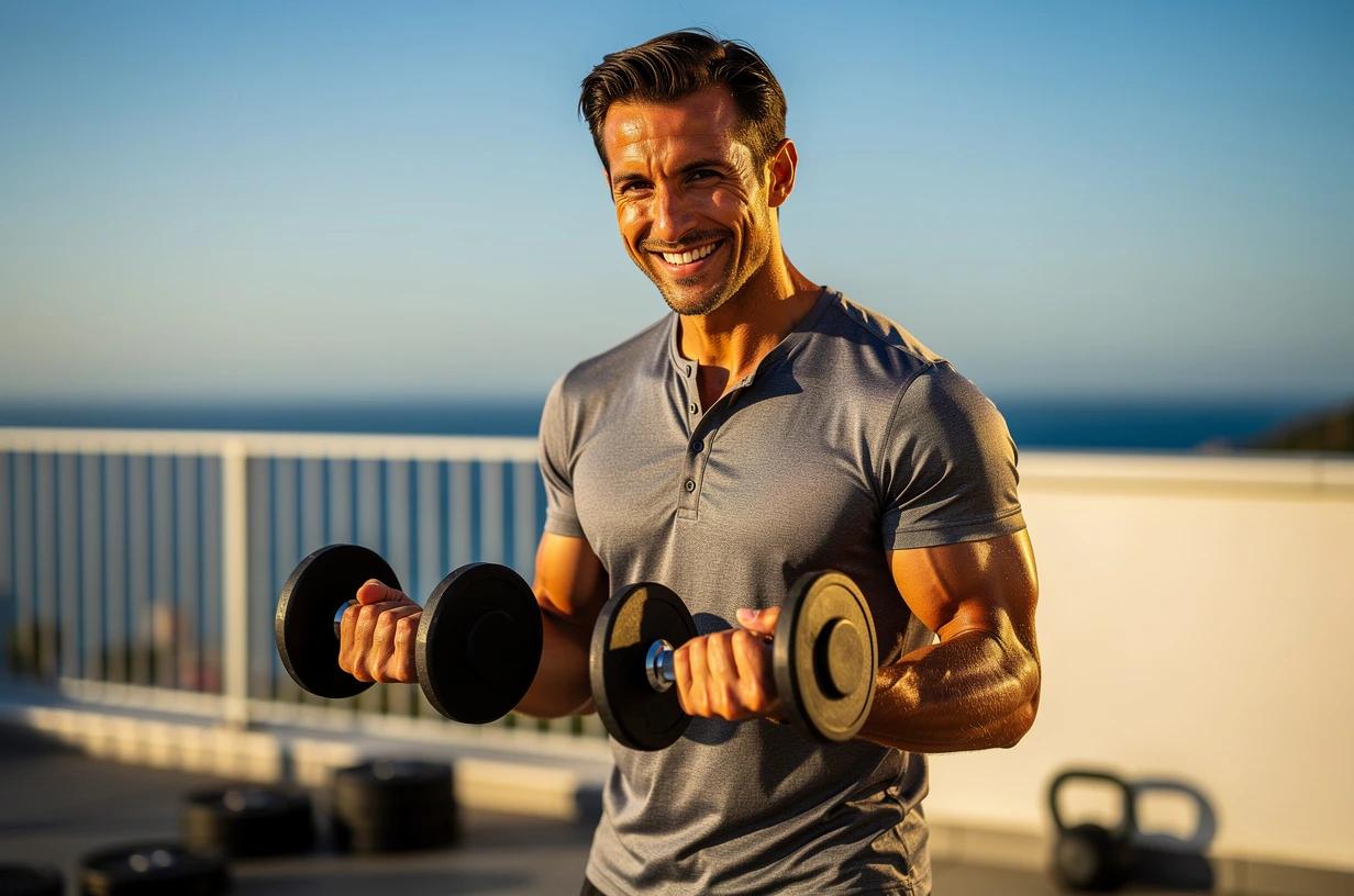 A happy, energetic man in his early 40s lifts free weights outdoors on a sun-drenched gym terrace, grinning as he completes a set, with a bright blue sky behind him.