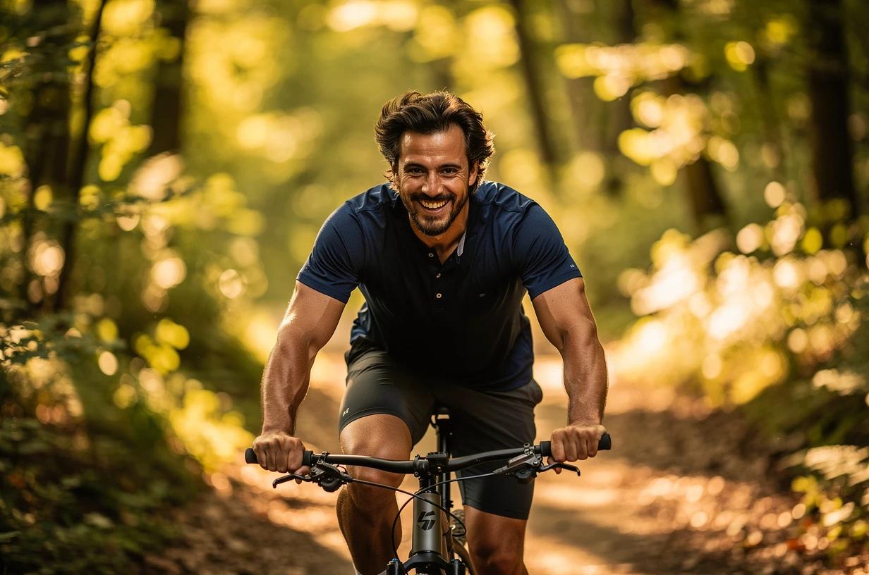 A happy man in his mid-30s cycling on a sunlit trail through a forest, grinning as he crests a hill.