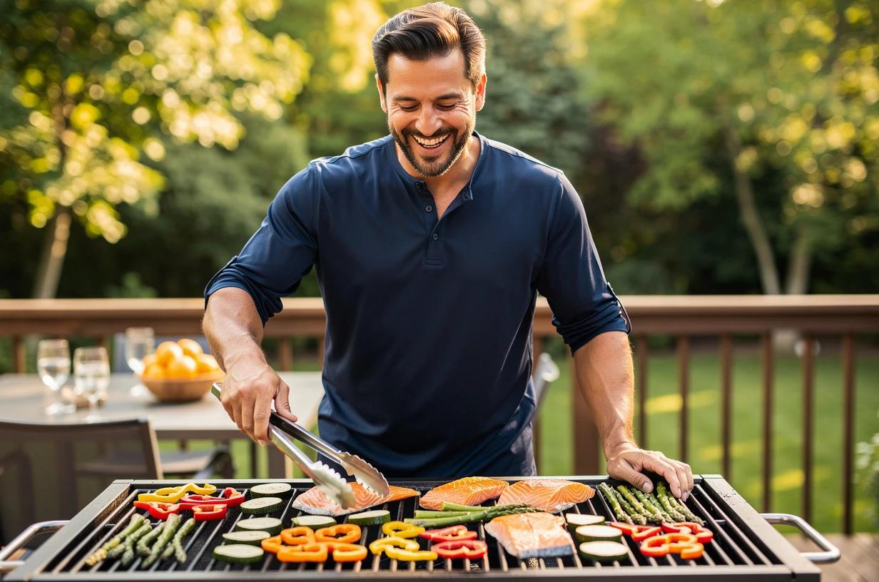 A happy man in his mid-40s grilling salmon and vegetables on an outdoor deck in bright afternoon sunlight, smiling as he tends the grill with tongs.