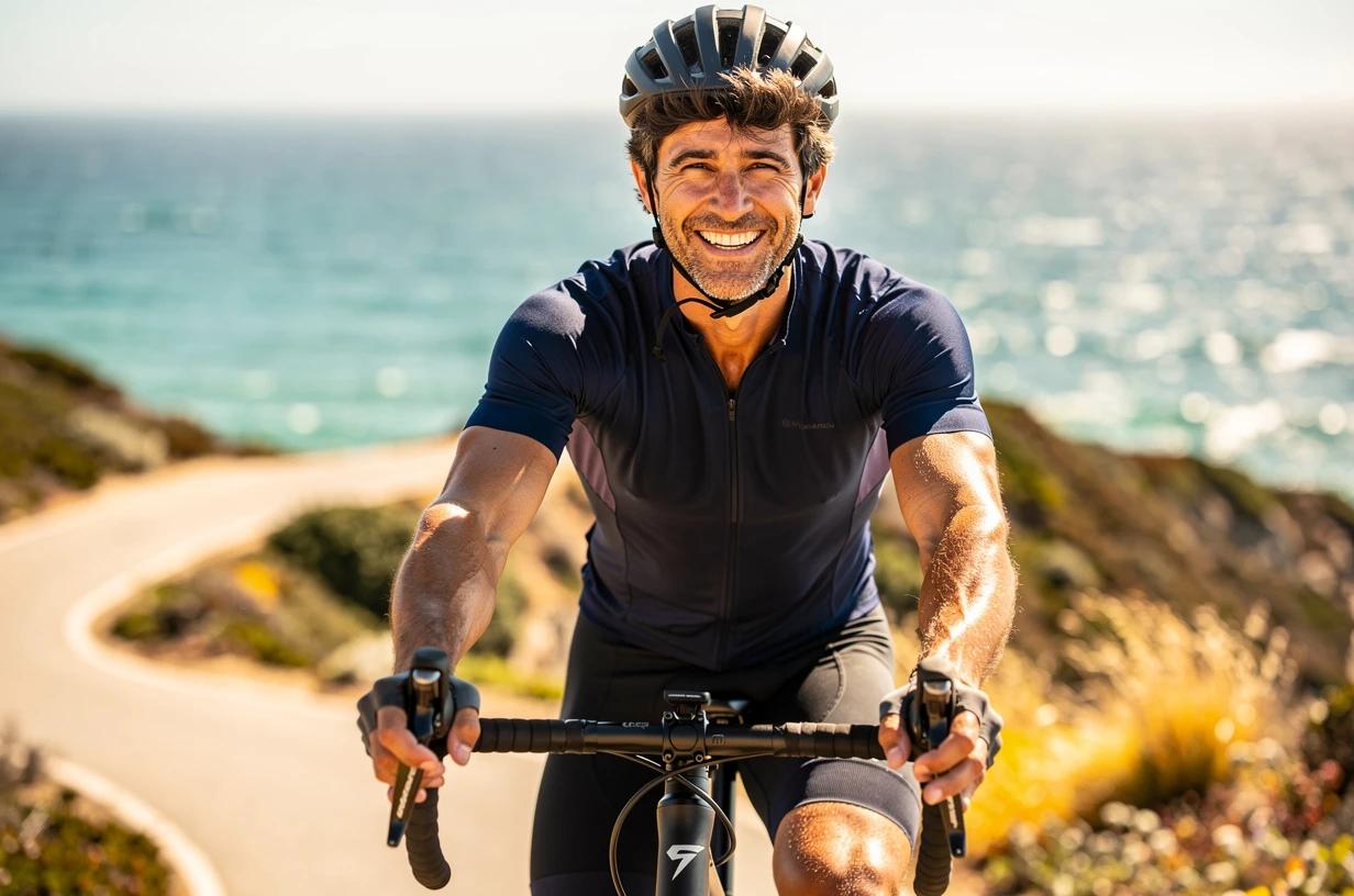 A happy man in his early 40s cycling along a sun-lit coastal trail, grinning as he crests a hill with the ocean behind him.