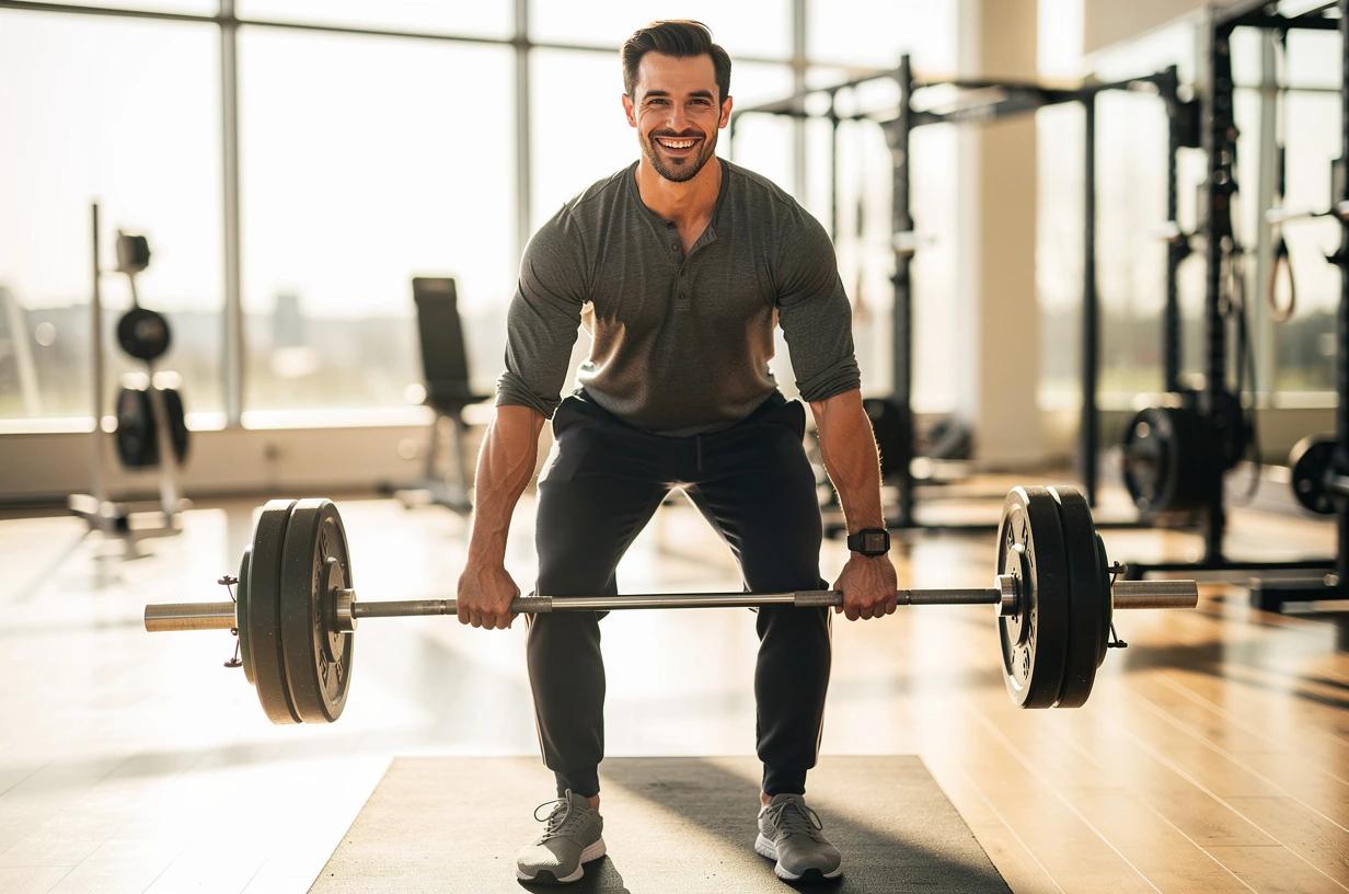 A fit man in his mid-30s gripping a barbell at a bright, window-lit gym, mid-lift, broad smile, focused and alive.