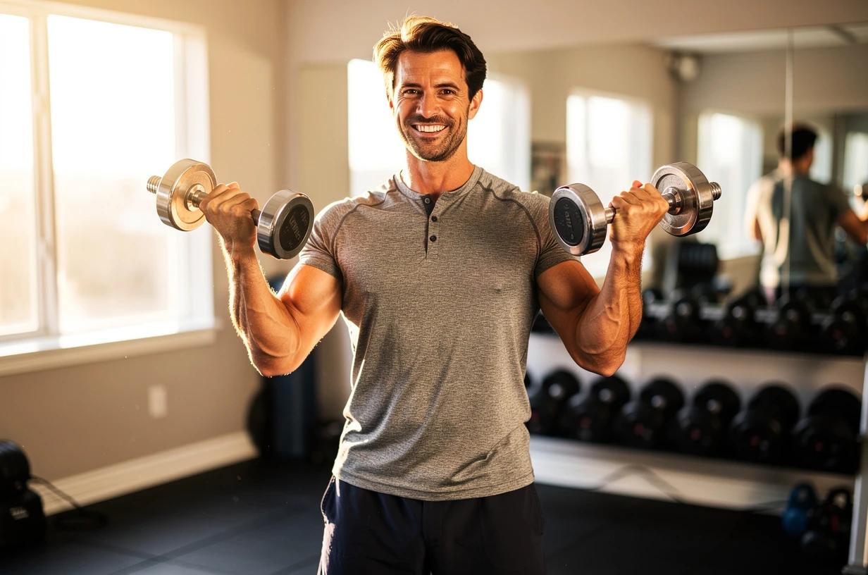 A happy, energetic man in his late 30s lifts free weights in a bright home gym, grinning as he completes a set of dumbbell curls.