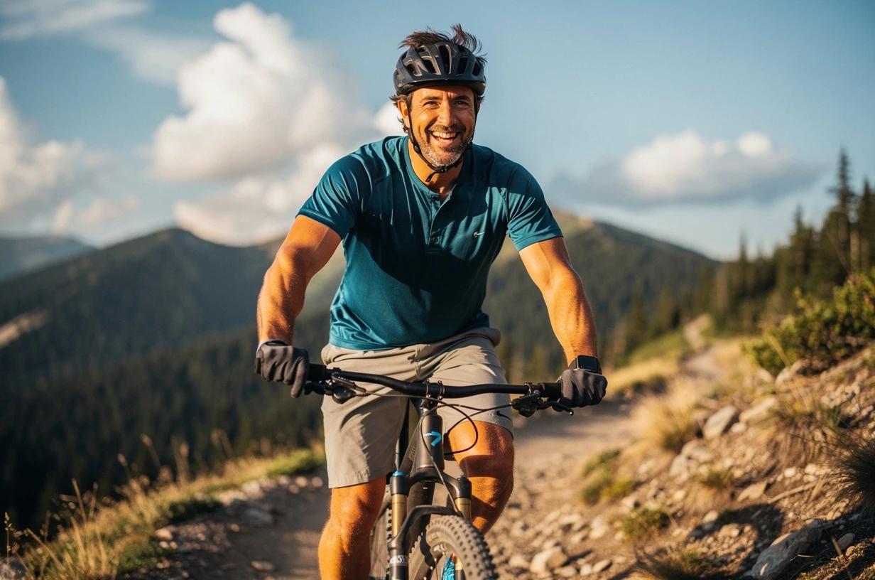A happy man in his early 40s cycling on a sunlit mountain trail, grinning as he crests a hill with forested peaks in the background.