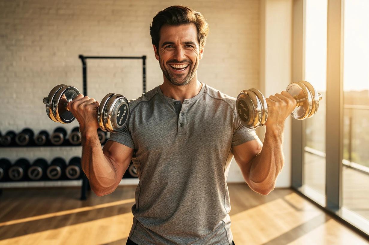 A happy man in his early forties lifts free weights in a sunlit home gym, grinning mid-rep with energy and focus.