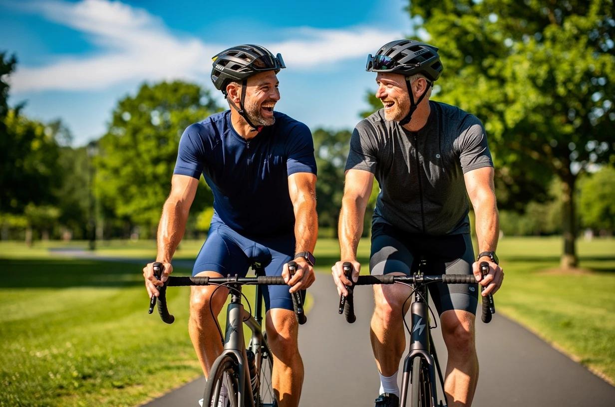 Two men in their late 30s and 40s laugh together on a cycling trail through an open park, both in athletic gear, mid-pedal with clear blue sky behind them.