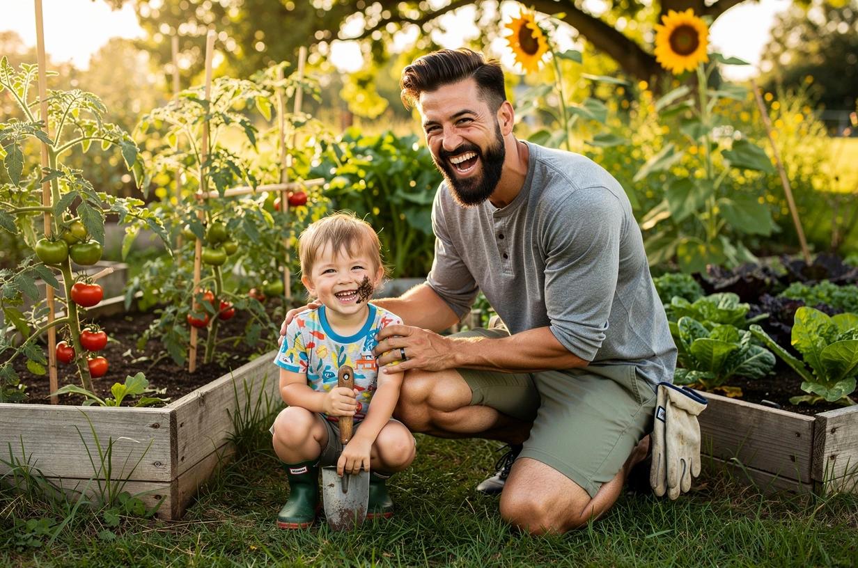 A man in his mid-30s laughing with his young child while gardening in a backyard vegetable patch on a bright weekend morning.