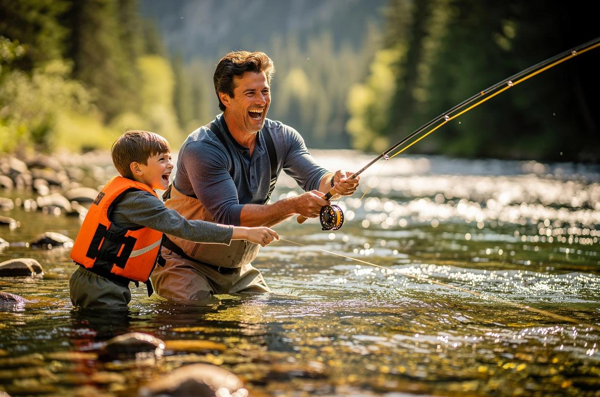 A energetic man in his late 30s fly fishing with his son in a clear mountain stream, both laughing as he reels in a catch.