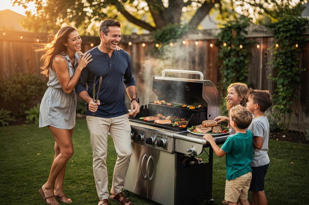 A man in his mid-40s laughs with his wife and kids around a backyard grill, tongs in hand, in warm late-afternoon light.