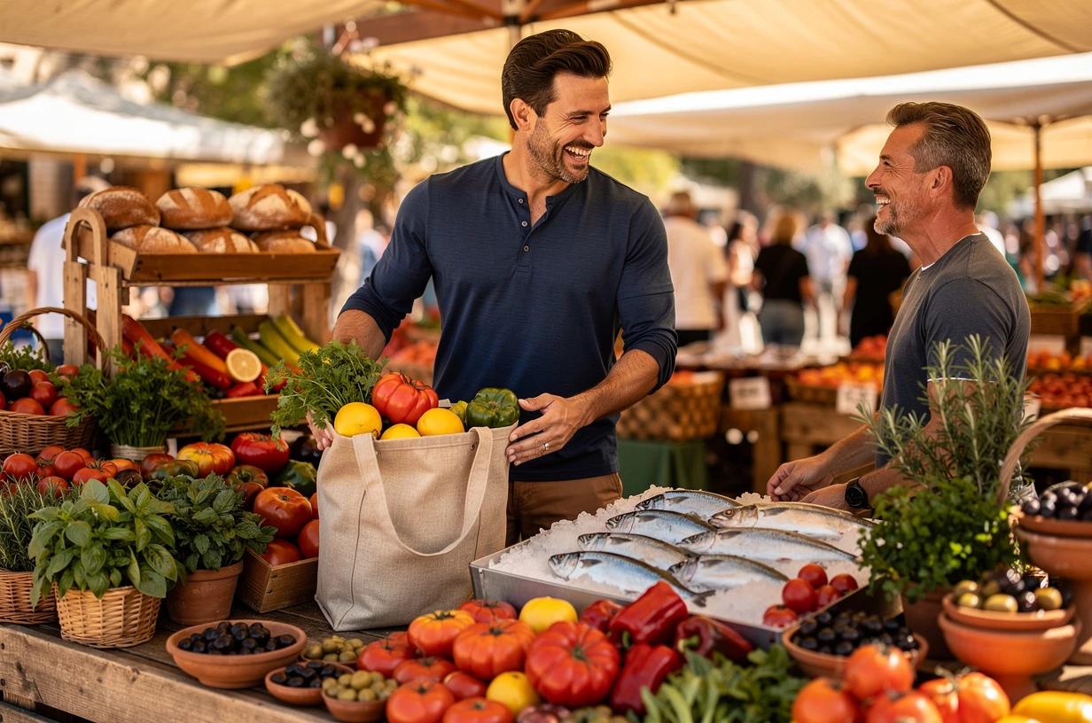 A happy, athletic man in his early 40s prepares a colorful Mediterranean-style meal at a bright outdoor farmers market, loading fresh sardines and vegetables into a canvas bag while laughing with a vendor.