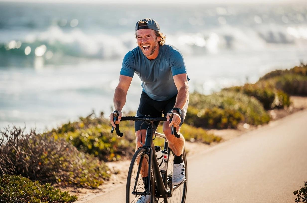 A happy, energetic man in his early 40s pedaling hard on a road bike along a sunlit coastal trail, grinning as ocean waves break in the background.