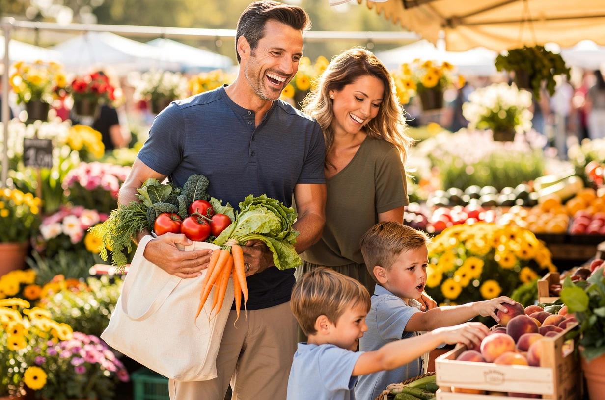 A man in his mid-30s laughing with his family at an outdoor farmers market, holding a bag of produce and looking relaxed.