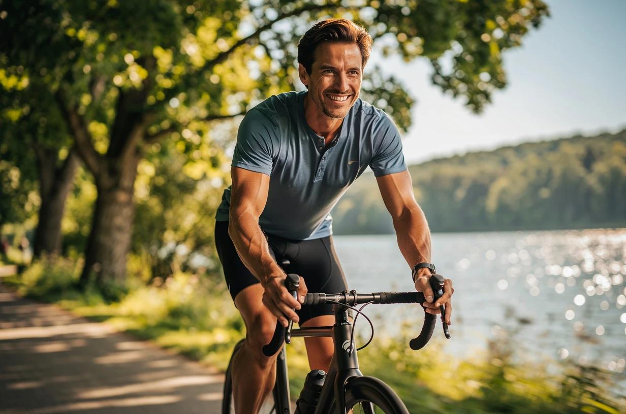 A fit man in his early 40s cycles along a sunny riverside trail, leaning forward on the handlebars with a wide smile, trees and open water behind him.
