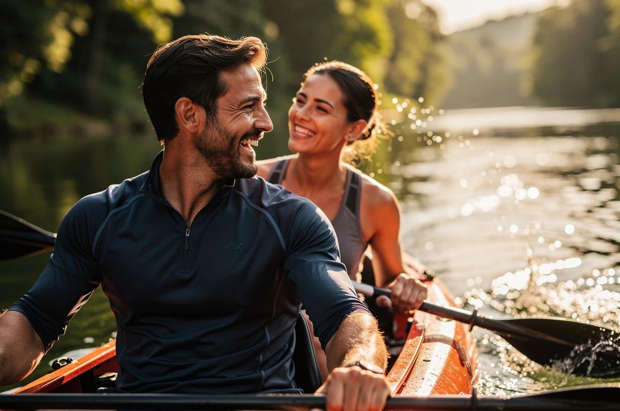A fit, energetic man in his early 40s paddles a kayak with his wife on a bright, calm river, both laughing as the morning light hits the water.