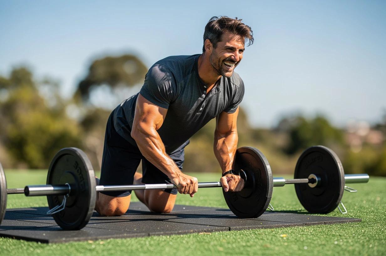 A happy man in his late 30s grins while loading a barbell at an outdoor weightlifting platform, sunlight sharp on the turf around him.