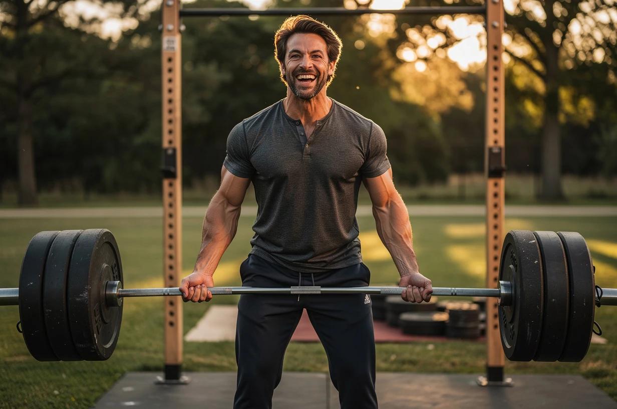 A happy man in his mid-thirties lifts a barbell at an outdoor strength training setup in the early morning sun, grinning after completing a set.