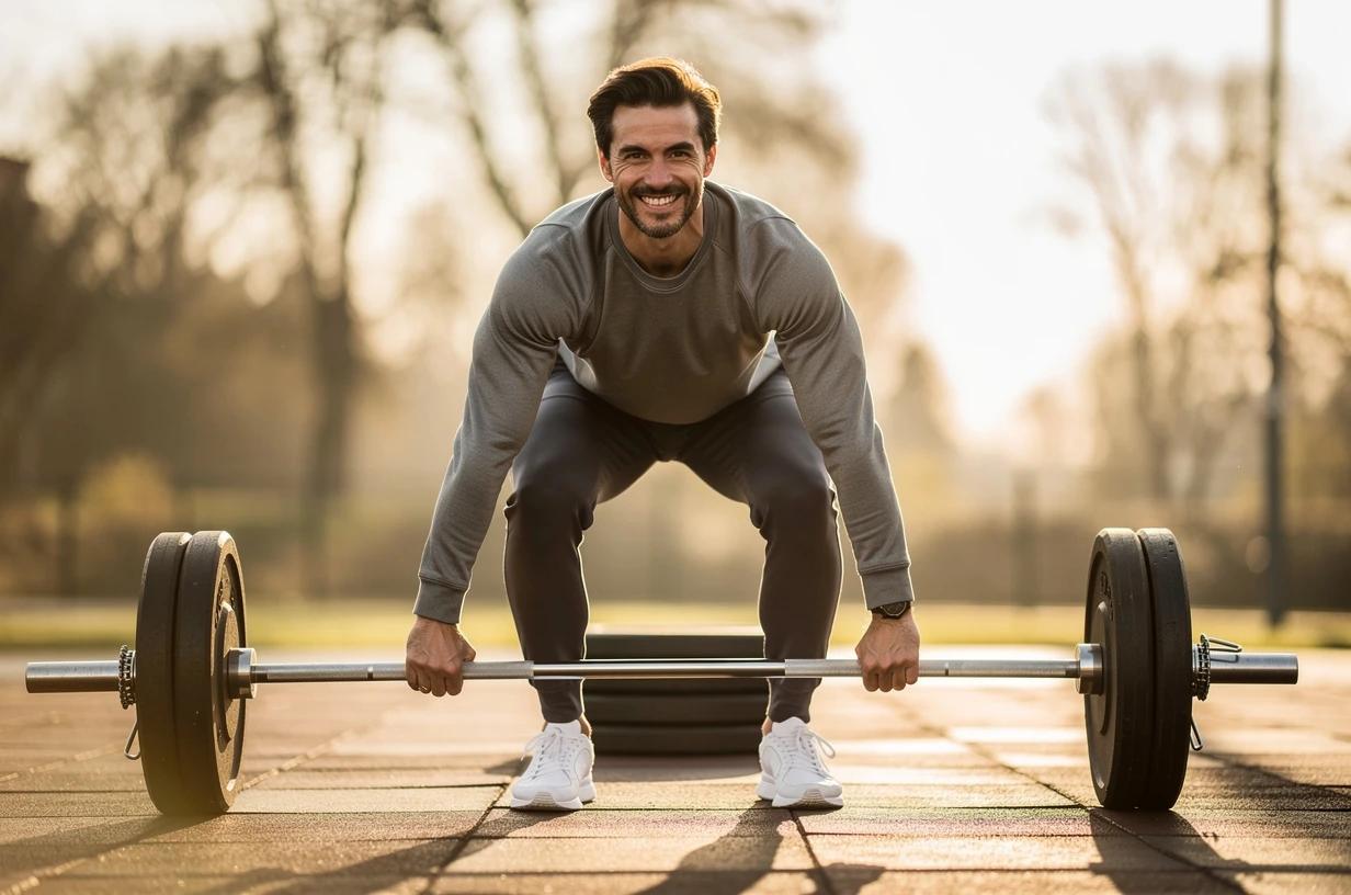 A fit man around 35 loads a barbell at an outdoor gym, grinning mid-rep with bright morning light cutting across the platform.