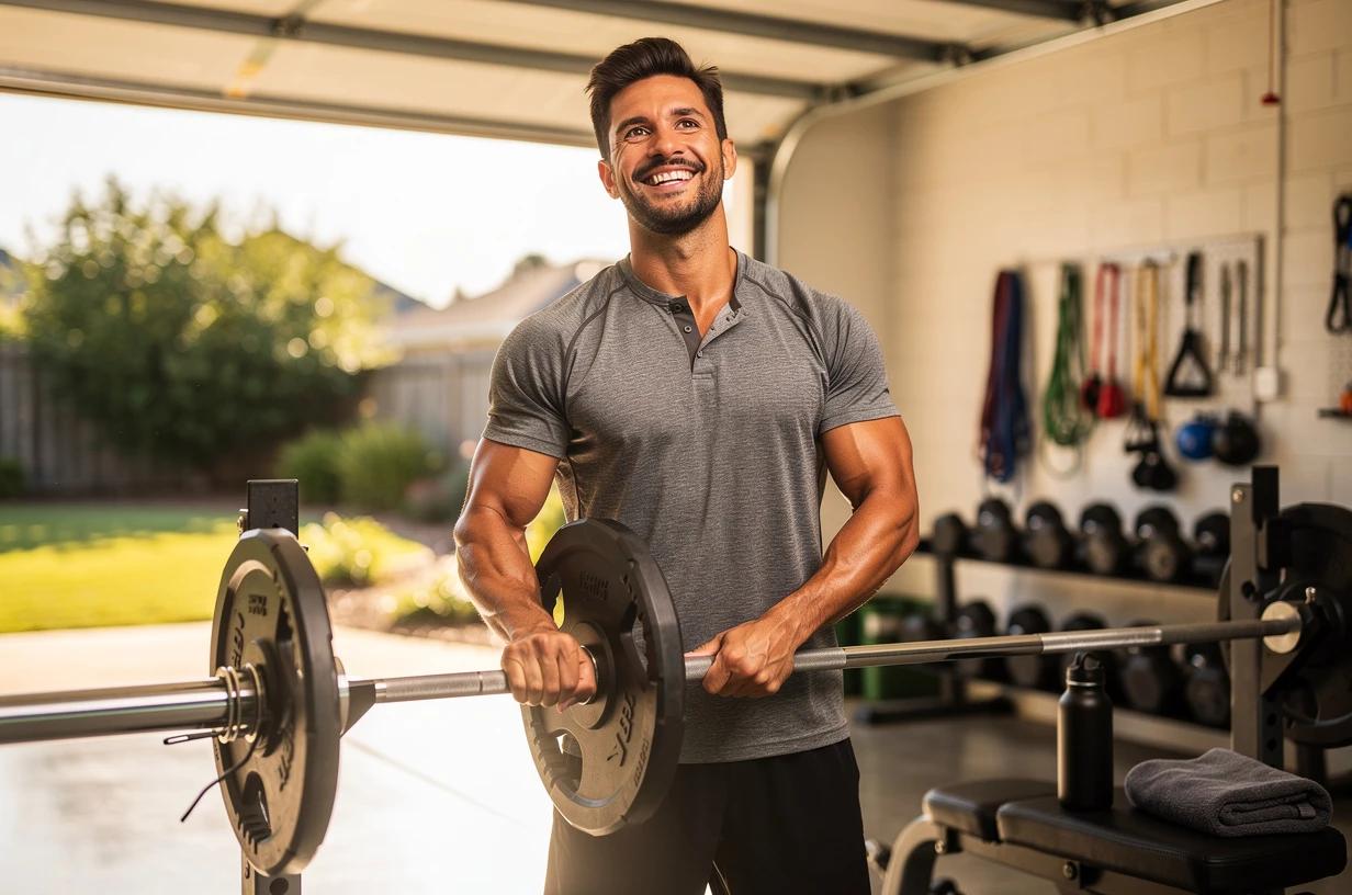 A fit, energetic man in his mid-40s grins while loading a barbell in a sun-lit home garage gym, sleeves rolled up, water bottle on the bench beside him.