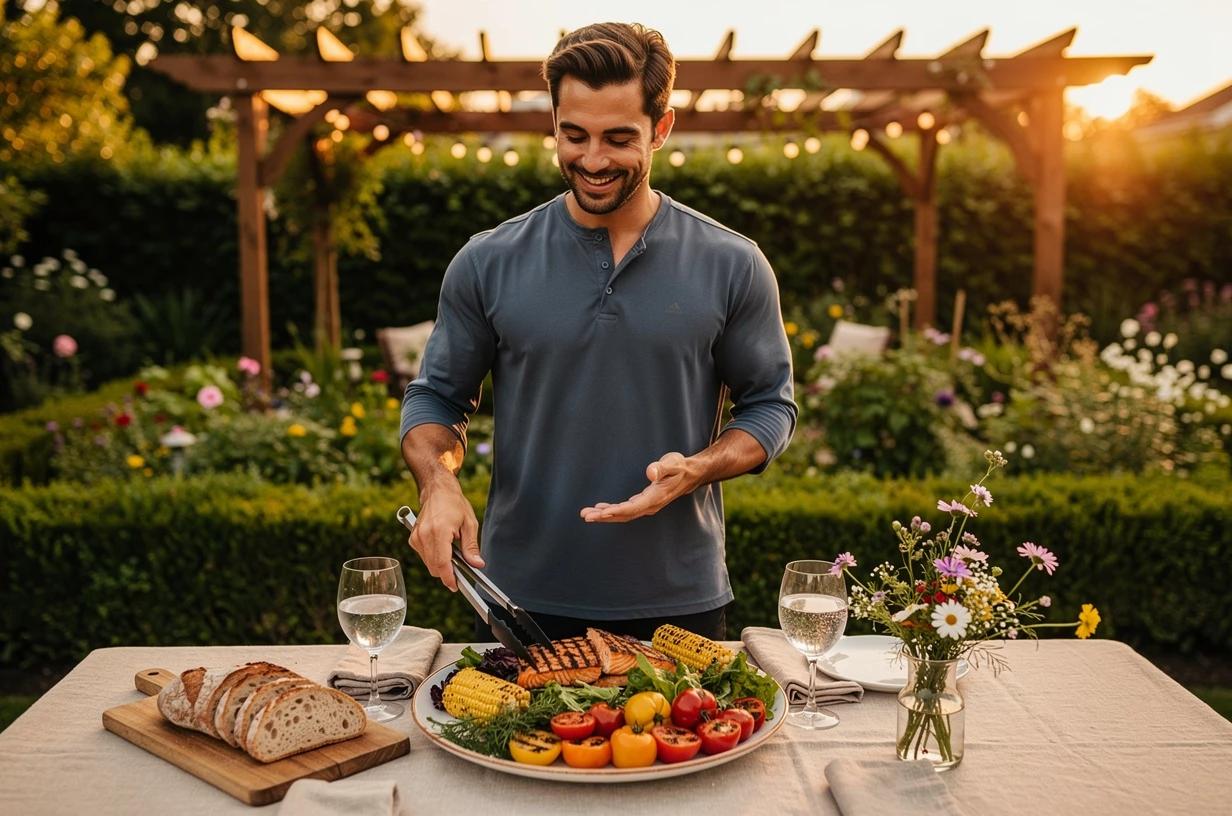 A man in his late thirties smiles while plating a colorful grilled meal outdoors at a backyard table set for two, relaxed and confident.
