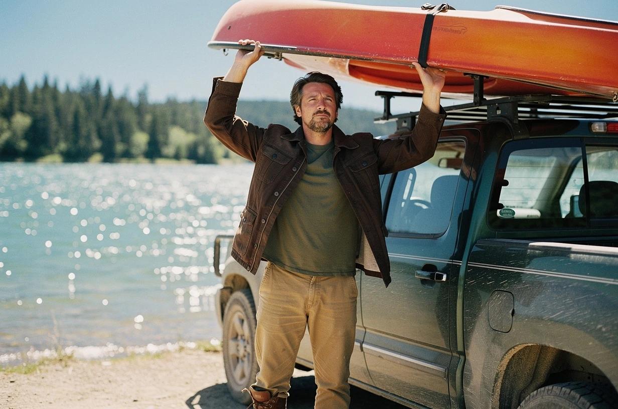 A man in his early 40s grins as he loads a kayak onto the roof of a truck at a sunny lake put-in, moving with easy confidence.