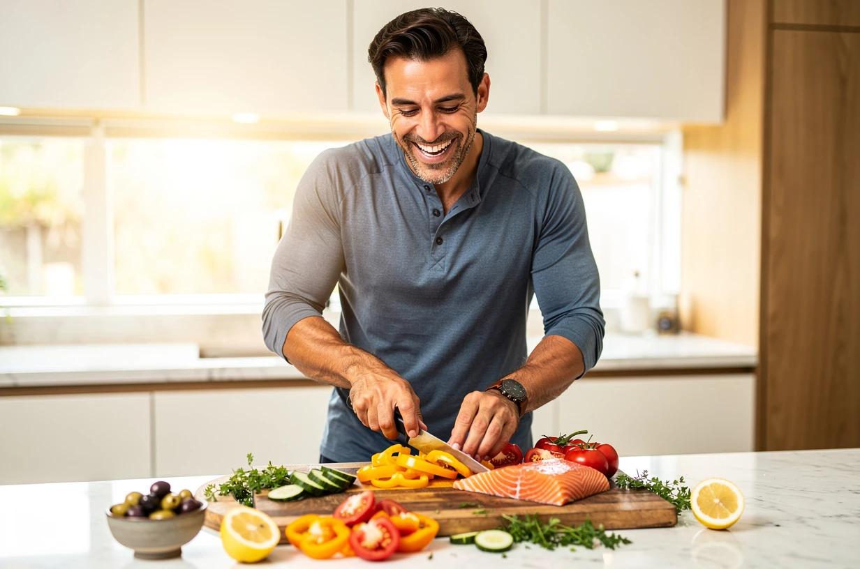 A happy man in his early 40s laughs while preparing a colorful Mediterranean-style meal at a bright kitchen counter, chopping vegetables and fish with energy and confidence.