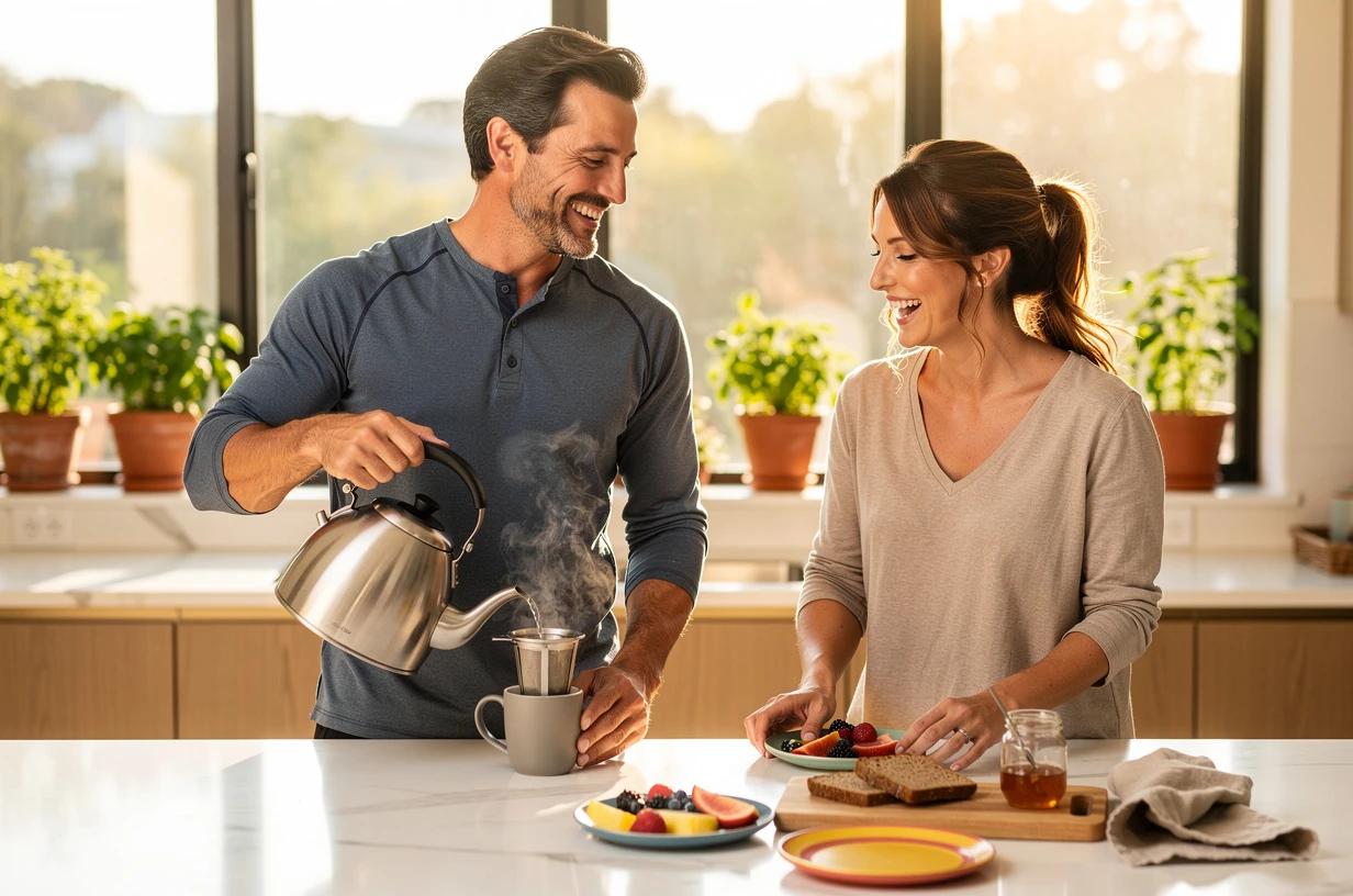 A happy man in his early 40s in a bright kitchen, laughing as he pours hot water over a green tea infuser while his wife sets plates on a sunlit breakfast table beside him.