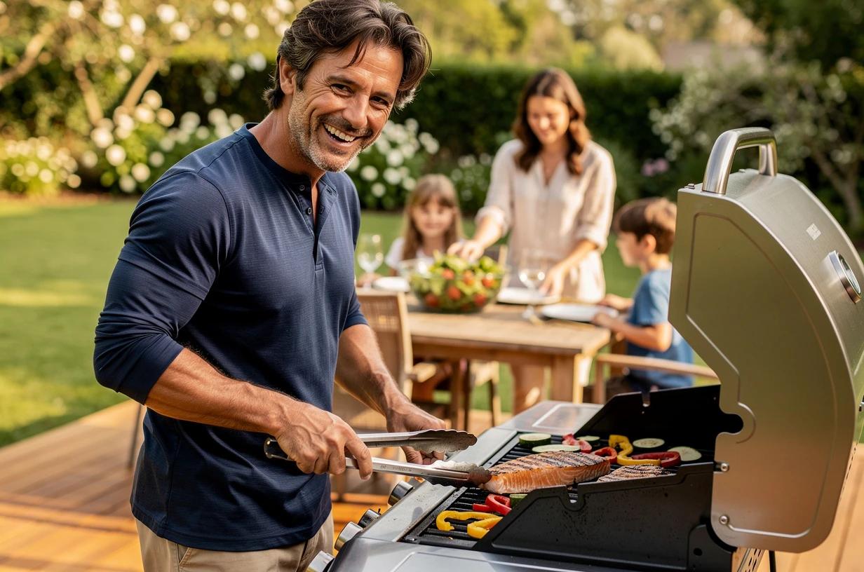 A cheerful man around 40 grills salmon and vegetables on a backyard deck while his family sets the outdoor table behind him on a sunny afternoon.