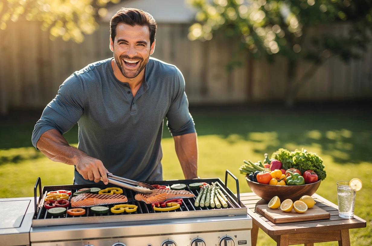 A happy, energetic man in his early 40s grills salmon and vegetables on an outdoor patio on a bright afternoon, smiling as he turns the fish with tongs.
