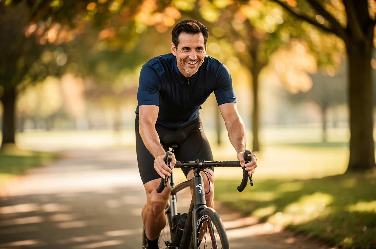 A man in his mid-40s cycles a road bike through a tree-lined park path on a clear morning, leaning forward with visible energy and a relaxed grin.