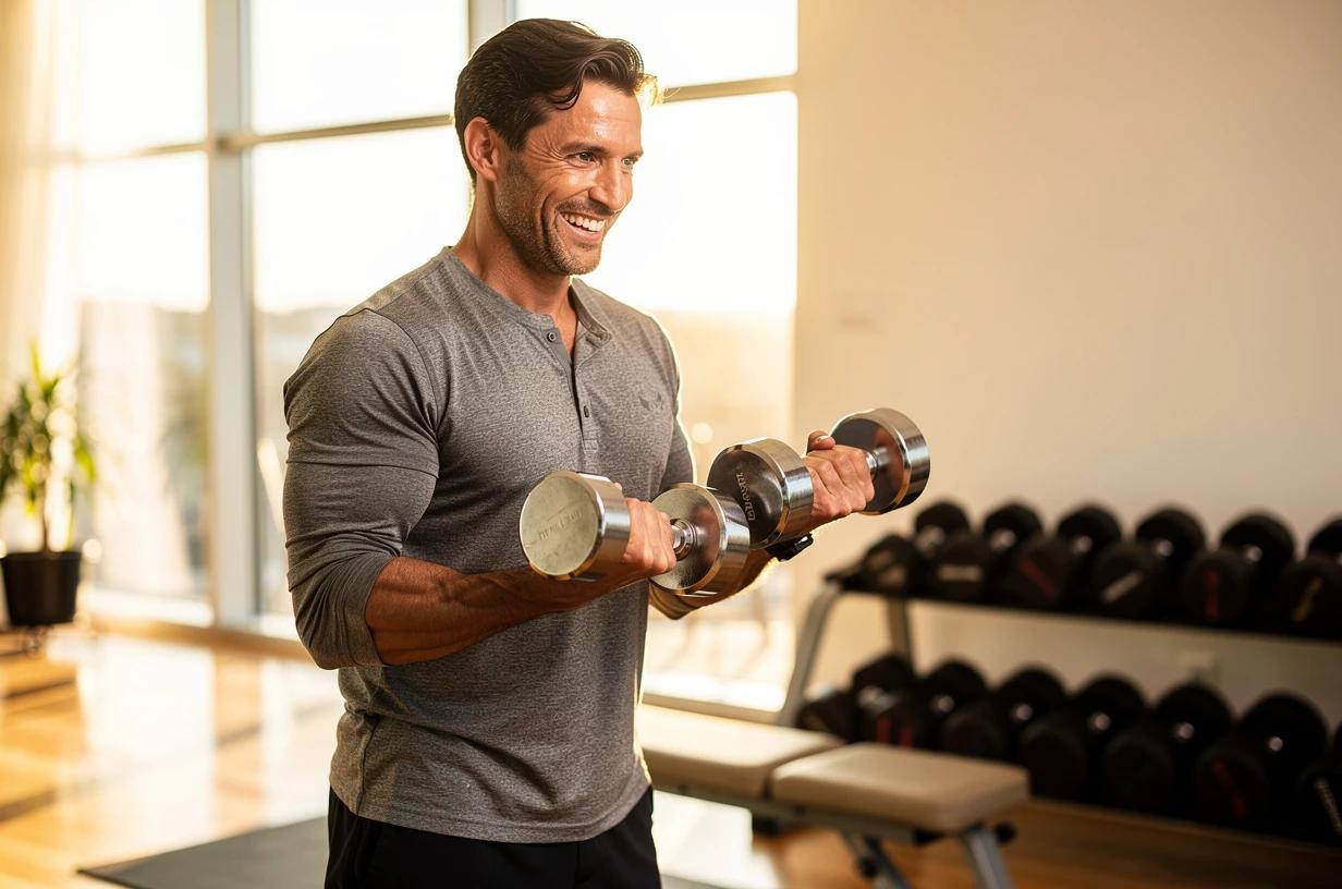 A happy, energetic man in his early 40s lifts free weights in a bright home gym, grinning mid-rep with natural light coming through a large window.