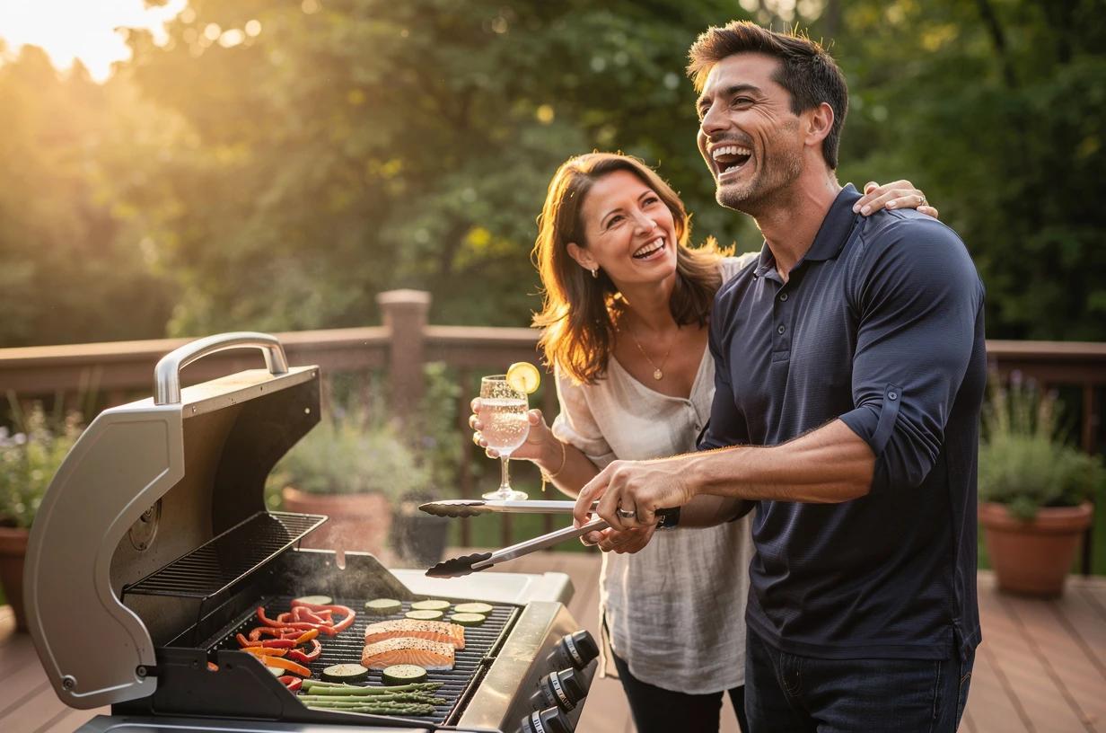 A cheerful man in his mid-30s grilling salmon and vegetables on a backyard barbecue, tongs in hand, laughing with a woman beside him.