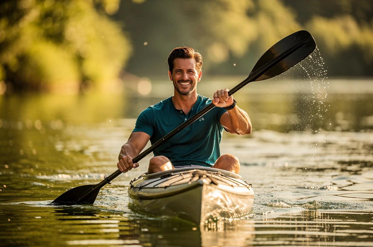 A man in his early 40s paddles a kayak through calm river water on a sunny morning, water glinting around him as he smiles toward the bank.