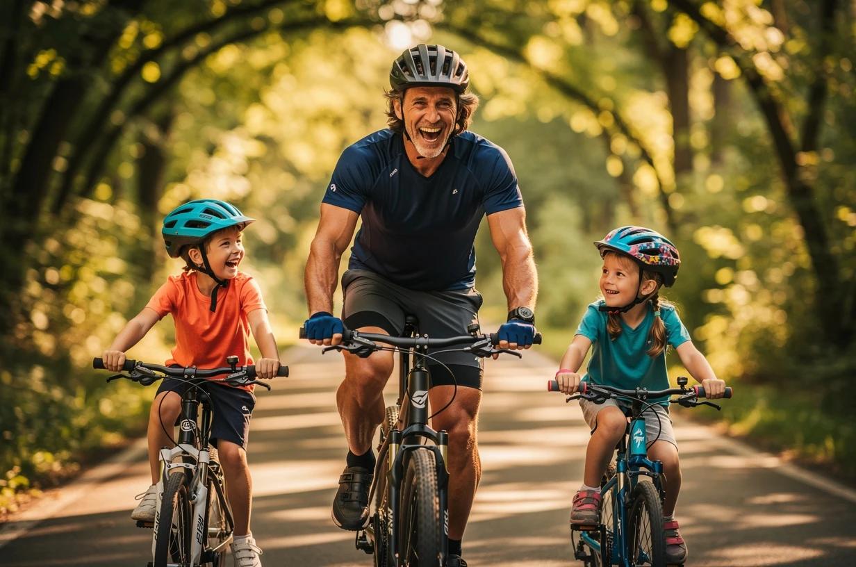 A man in his early forties laughs with his family while cycling on a tree-lined trail, helmet on, keeping pace alongside his kids.