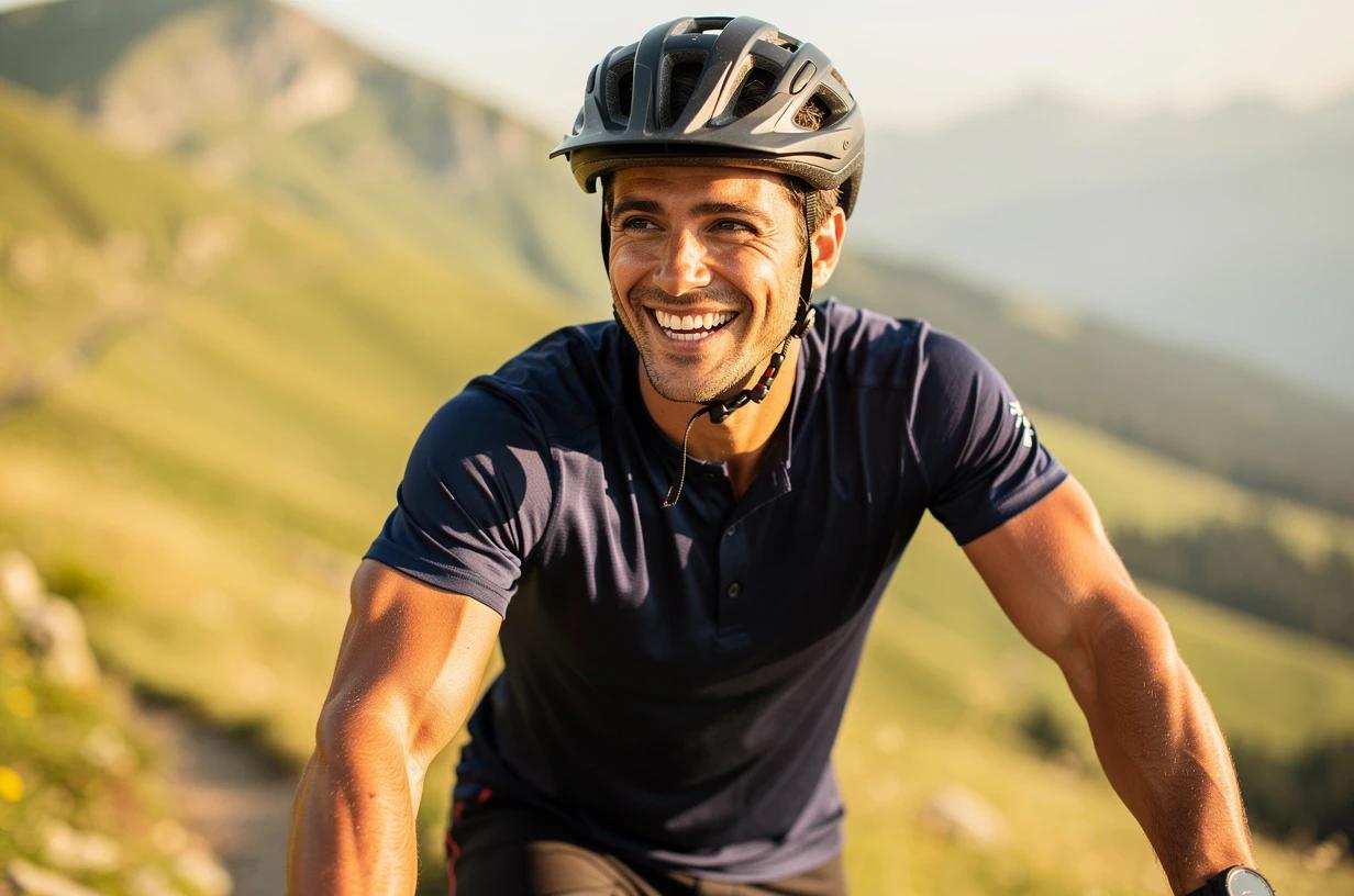 A happy, energetic man in his late 40s cycling on a sun-lit mountain trail, grinning as he crests a hill with a scenic valley behind him.
