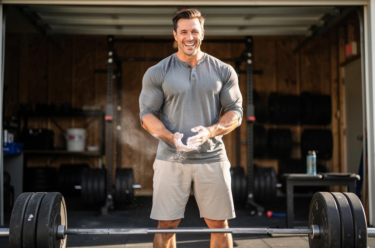 A energetic man in his late 30s loads a barbell in a bright, well-equipped garage gym, grinning as he chalks his hands before a lift.