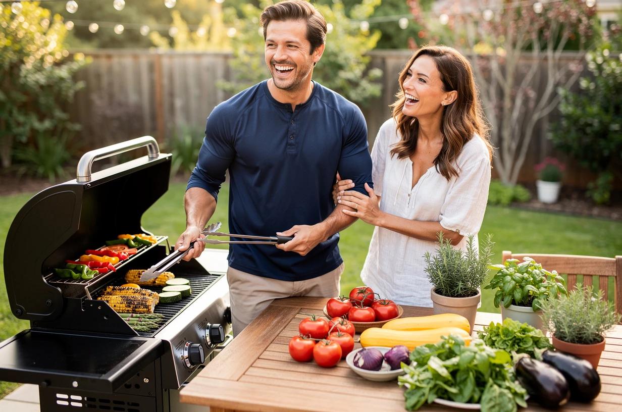 A fit man in his mid-30s grilling vegetables and laughing with his wife on a bright backyard patio, tongs in hand and a spread of colorful produce on the table beside him.