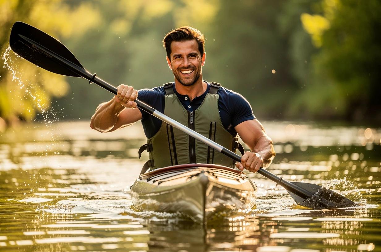 A smiling man in his mid-thirties paddles a kayak on a bright river, arms strong and posture confident under open sky.