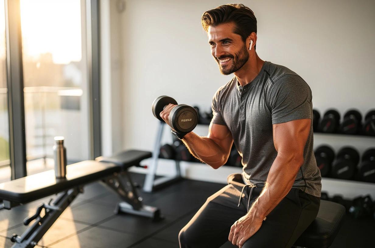 A man in his mid-thirties lifts free weights in a bright, window-lit home gym, grinning mid-rep with earbuds in and a water bottle on the bench beside him.