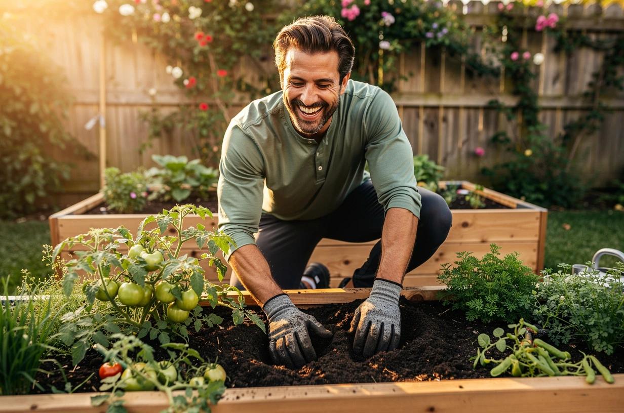 A fit man in his mid-40s laughs while gardening in a bright backyard, kneeling beside raised vegetable beds with soil on his gloves.