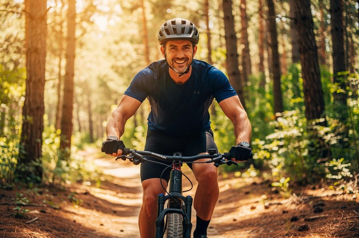 A happy man in his mid-30s cycling a mountain trail through a pine forest, wearing a helmet and athletic gear, mid-pedal stride in bright morning light.