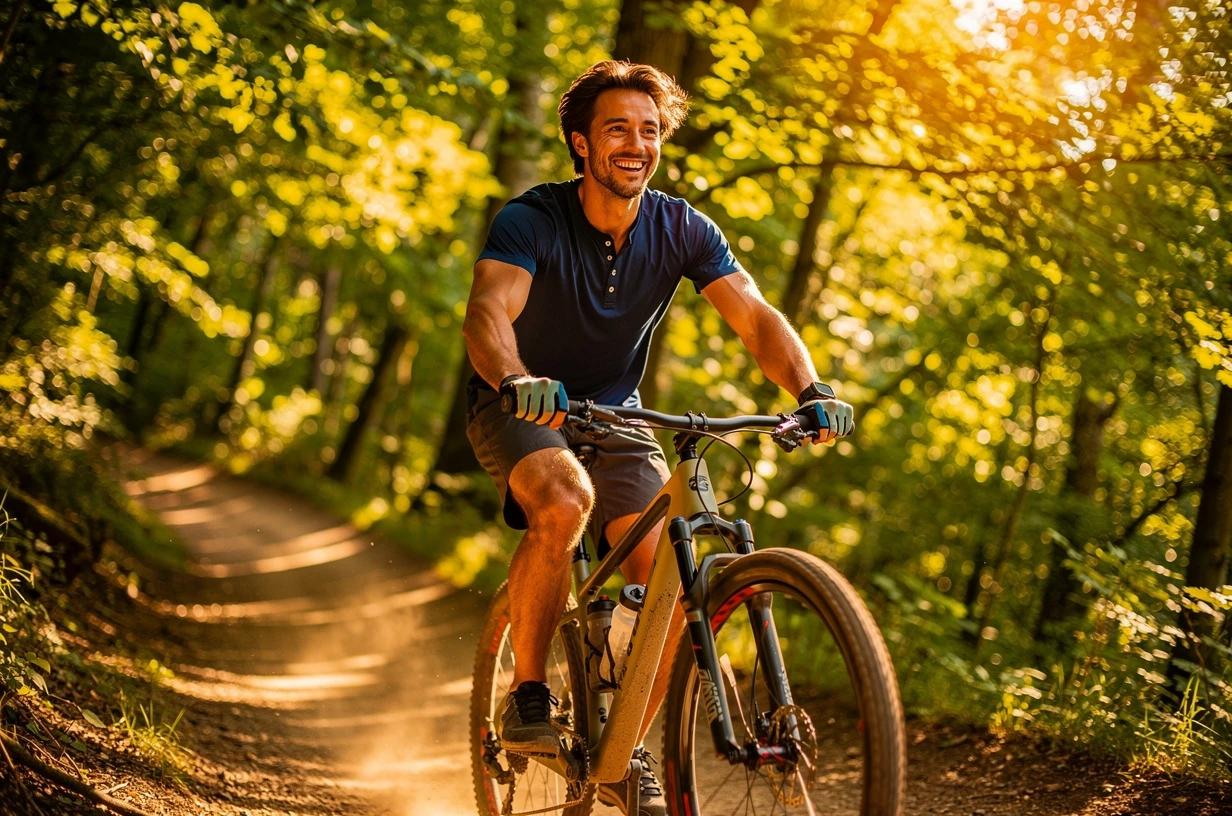 A cheerful man in his mid-30s pedals a mountain bike along a forested trail, bright sunlight filtering through the tree canopy above him.