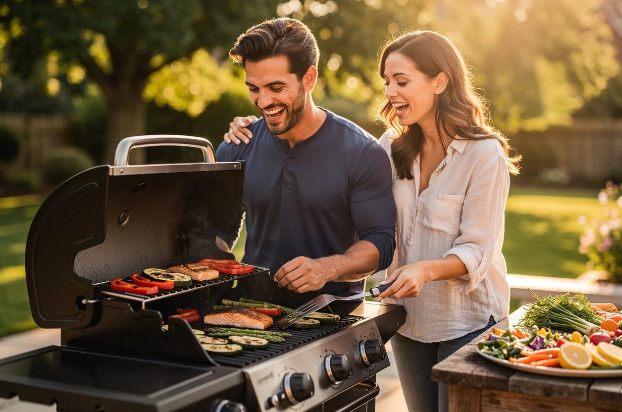 A fit man in his mid-30s grilling vegetables and salmon at an outdoor barbecue, laughing with a partner beside him.