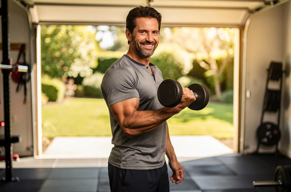 A man in his early forties, smiling and energetic, lifting dumbbells in a sun-filled home garage gym with the door rolled open to a green backyard.