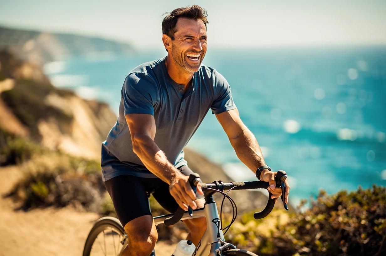 A man in his early forties, grinning broadly, cycling on a sun-drenched coastal trail with the ocean visible in the background.